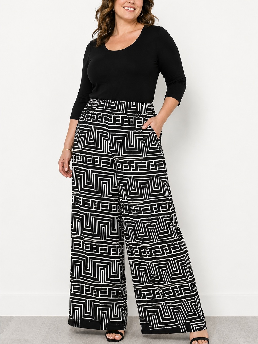 Chico’s Black Label Wide Leg Palazzo Pants Geometric Print Pull On Size 3 XL